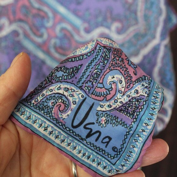 Vintage Vera Scarf, Blue and Purple and Pink Silk and Rayon, Square Designer - Picture 4 of 10